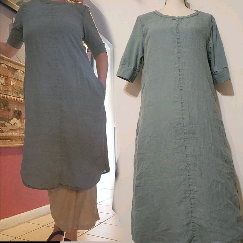 FLAX Linen Shift Dress cotton Contrast sleeves SZ S Lagenlook Quiet Lithuania